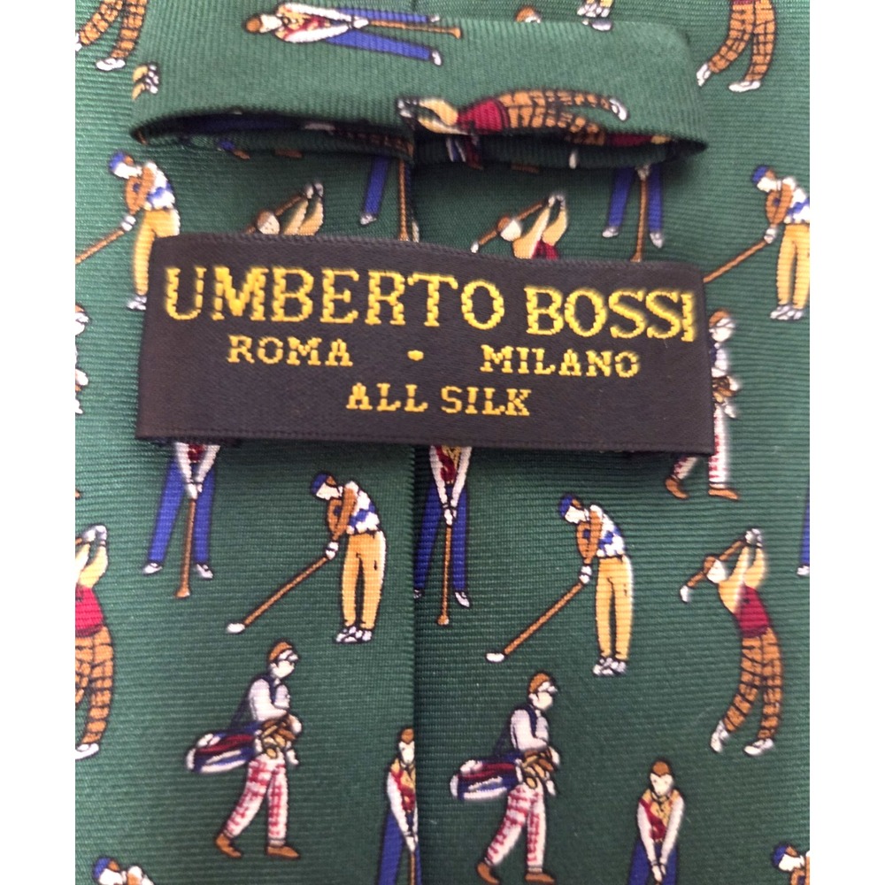 Umberto Bossi Necktie Vintage Golfers Evergreen/Gold/Burg Roma Milano Silk Tie - Picture 7 of 10